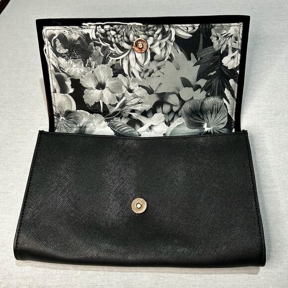 Ted Baker Clutch in Black with Rose Gold Bow, Lined in Black and White Floral - Picture 3 of 7